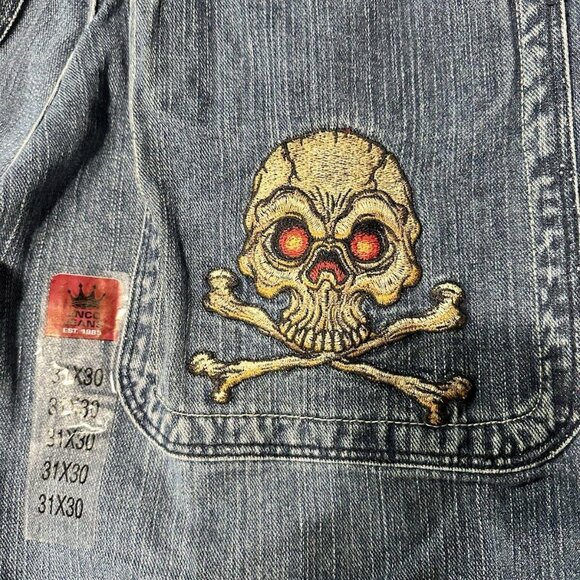 Vtg JNCO Big SKULL Double Pocket Blue Jeans 31x30 90s Y2K Baggy Wide Leg Skater